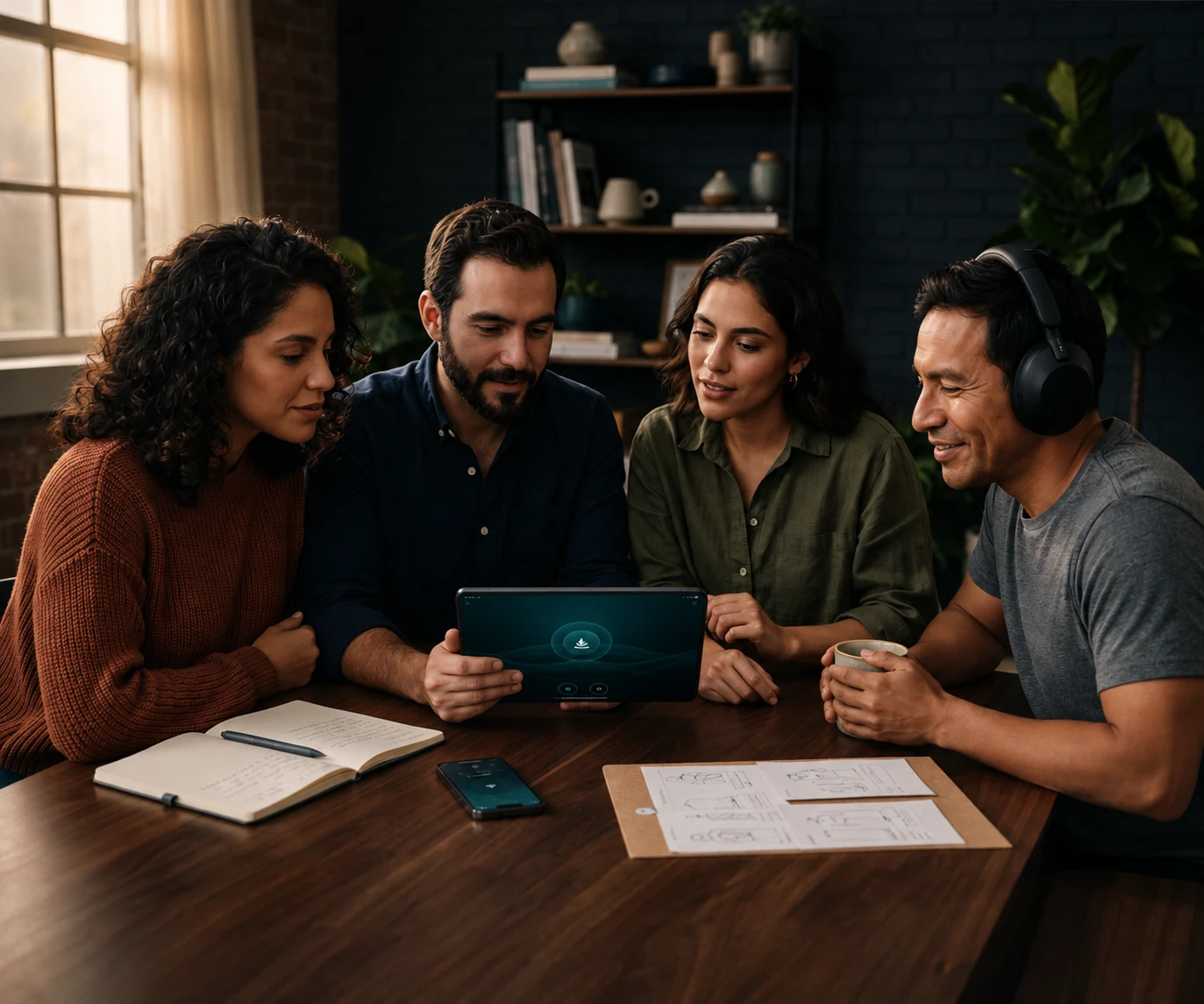 Cuatro personas comparten ideas alrededor de una práctica de meditación en una tablet